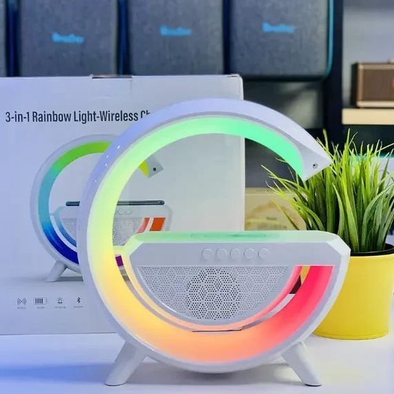 Ночник-светильник RGB с беспроводной зарядкой, Bluetooth колонка и радио, Белый 41984 фото